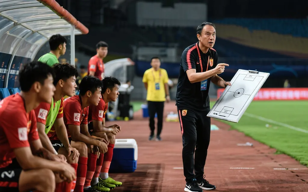 教练在场边指挥与战术板，象征加时阶段的换人与阵型调整