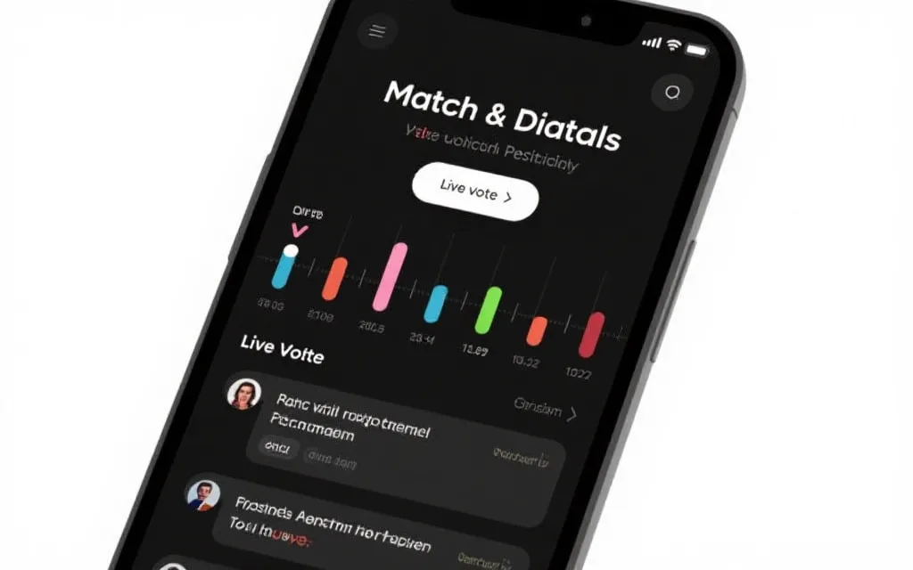 比赛页互动示意：预测按钮、投票条、赛后复盘时间轴与讨论区